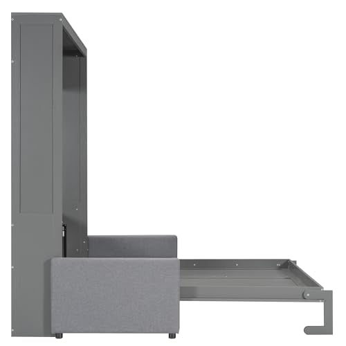 P PURLOVE Queen Wood Murphy Bed with Sofa, Wall Bed Without Slats, No Box Spring Needed (Gray) P PURLOVE