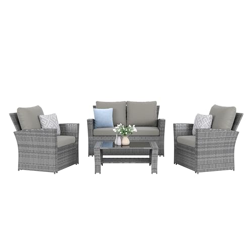 Amopatio 4 Pieces Outdoor Patio Furniture Set,Wicker Sectional Sofa Outdoor Patio Set Outdoor Rattan Patio Furniture, Patio Conversation Sets with Cushion, Grey Amopatio