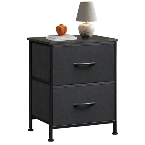 WLIVE Black Night Stand, Small Dresser with 2 Drawers & Wooden Top, Nightstand with Fabric Bins, Bedside Table End Table for Bedroom, Closet, Entryway, College Dorm, Charcoal Black WLIVE