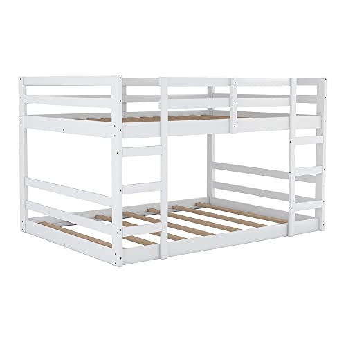 Ball & Cast Full Over Full Bunk Bed with Double Ladder and Full-Length Guardrail,Low Floor Bunkbed w/Slat Support,Bedroom Furniture for Girls Boys,White Ball & Cast