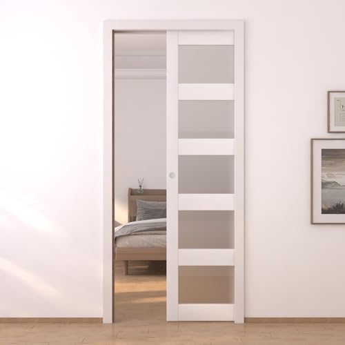 BARNSMITH 32in x 80in Glass Barn Door Slab,5-Panel Frosted Glass Solid Wood Slab with Water-Proof PVC Surface,No Pre-drilled Holes,Door Panel Only,White BARNSMITH