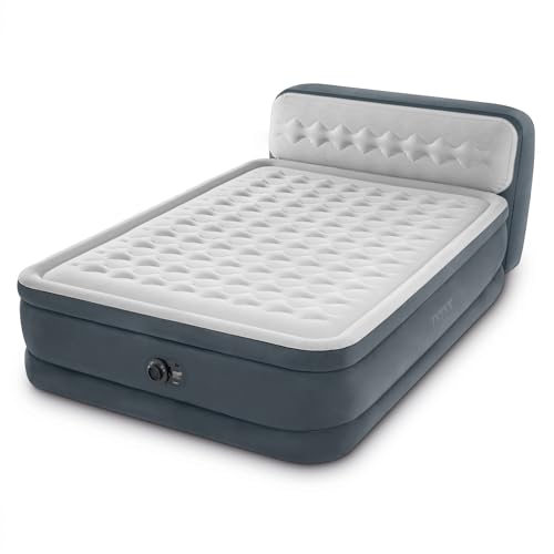 Intex 64447ED Dura-Beam Deluxe Ultra Plush Air Mattress with Headboard: Fiber-Tech – Queen Size – Built-in Electric Pump – 18in Bed Height – 600lb Weight Capacity Intex