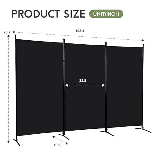 FDW 3-Panel Room Divider Privacy Screen, 6FT Portable Folding Partition with Metal Frame (102" W x 70" H) for Office/Home Use, Dark Black FDW