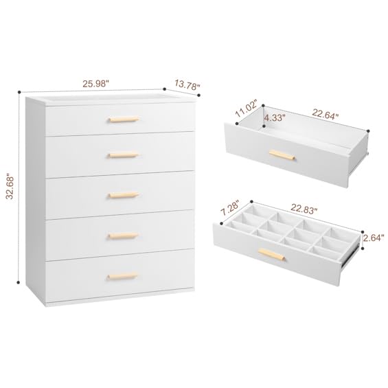 Aenlv White Dresser for Bedroom with 5 Drawers, Chest of Drawers with LED Lights, Wood Bedroom Dresser, Large Capacity Storage Cabinet for Nursery, Kids Room, Entryway Aenlv