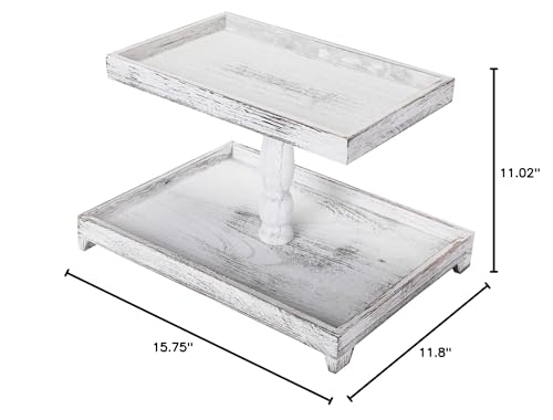 Farmhouse Tiered Tray Stand Wooden Rustic 2 Tier Tray Stand Rectangular Tray Serving Two Tiered Tray Stand for House Kitchen Cake (White) Yalikop