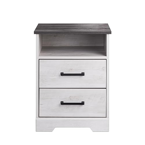 Prepac Rustic Ridge Farmhouse Nightstand with 2 Drawers and an Open Cubby, Wooden Bedside Table for Bedroom, Office, or Living Room, 16.25in x 18.75in x 24.5in, Washed White Prepac