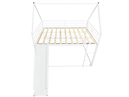 PVWIIK Bunk Bed Full Over Full with Slide for Girls,Boys,Full House Bunk Bed Frame with Guardrail & Ladder,Noise-Free,Easy Assemble,No Box Spring Needed,White PVWIIK