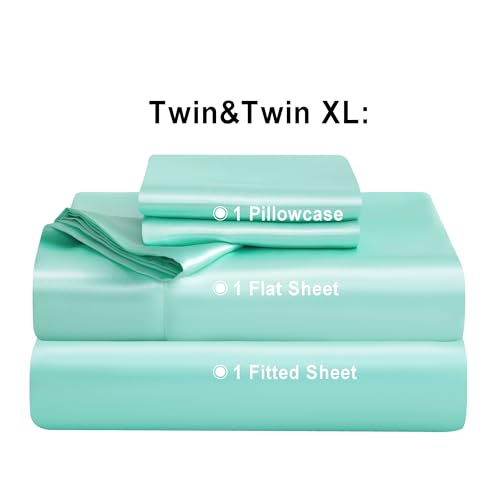 NTBAY Silk Satin Twin Sheet Set, 3-Piece Luxury and Soft Bedding Set Cooling Silky Sheets for Hair and Skin, Includes 1 Pillowcase, 1 Flat Sheet, 1 Fitted Sheet with Deep Pocket, Turquoise Blue NTBAY