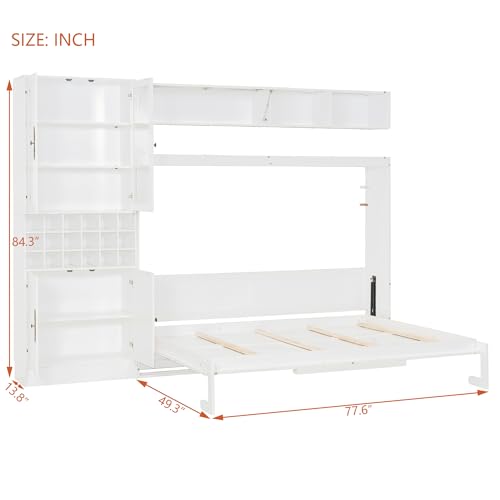 Merax Full Size Murphy Bed Wall Bed with Sofa, Shelves, USB & Light - Space Saving Foldable Bed for Small Apartments, White Merax