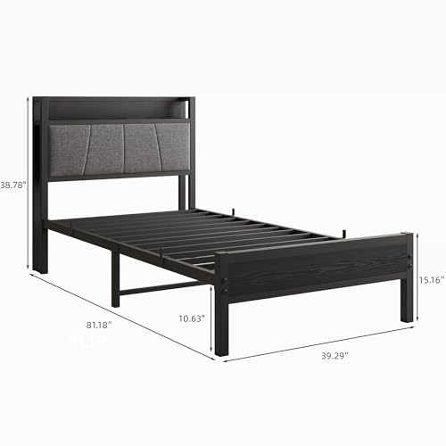 BOFENG Twin Bed Frame with Storage Headboard/USB Charging Station,Heavy Duty Metal Upholstered Single Platform Bed Frame Twin Size No Box Spring Needed,Heavy Duty Metal Slats,Noise Free,Black BOFENG