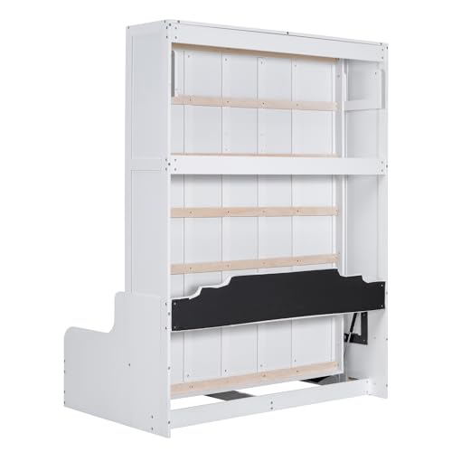 Merax Queen Size Murphy Bed Frame, Modern Wall Bed Can Be Folded into Cabinet, Chair with Cushion, White Merax
