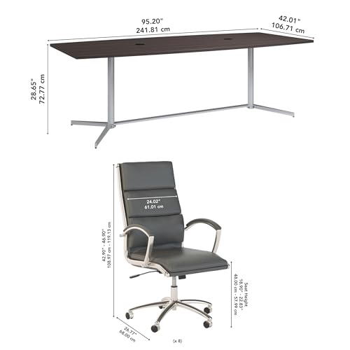 Bush Business Furniture 96W x 42D Boat Shaped Conference Table with Metal Base and Set of 8 High Back Office Chairs in Storm Gray Bush Furniture