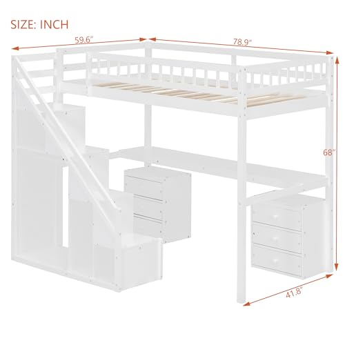 Merax Twin Size Wood Loft Bed with Desk, Stairs & Storage, Space Saving Bed with Lights, 2 Drawers, Guardrails, 220LBS Capacity, White Merax