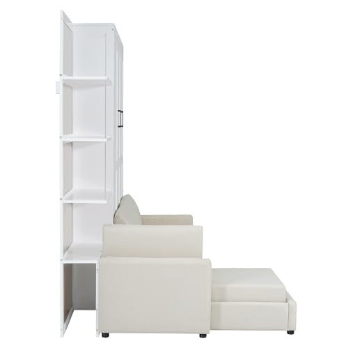 Queen Size Murphy Bed with Sofa and Shelves, Solid Wood Wall Bed can be Folded into a Cabinet for Small Spaces Apartments Studio Guest Room (White#S1) Quarte
