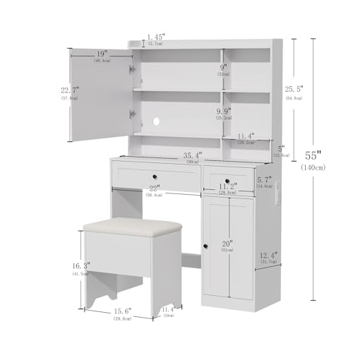 Hogxp Vanity Table with Hidden Storage & LED Mirror - Includes Padded Stool, 5 Compartments, 2 Drawers & 1 Storage Cabinet - Ideal Bedroom Makeup Dressing Table White Hogxp