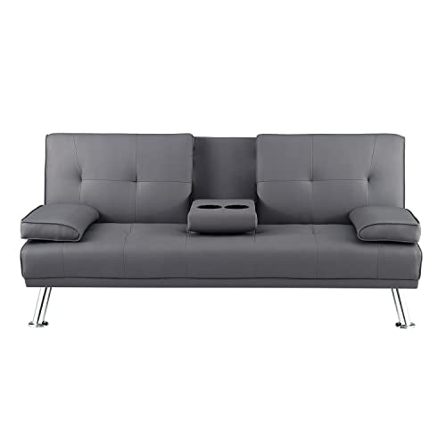 Naomi Home Transform Your Living Space with Comfort Gray Futon Sofa Bed with Armrest Cupholders Reclining Function Ideal for Cozy Living Rooms Sofa Bed Couch Metal Legs Faux Leather Naomi Home