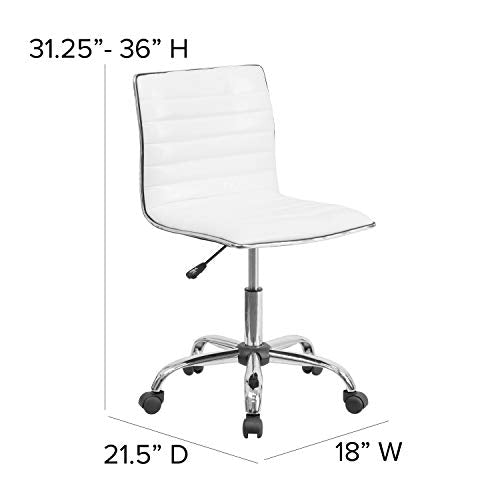 Flash Furniture Alan Low-Back Ribbed Upholstered Vinyl Swivel Desk Chair with Padded Seat, Modern Adjustable Height Padded Office Chair, White Flash Furniture