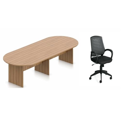 Saranya 18 Shop New Modern Walnut Finish 10 FT Conference Table Executive Racetrack Shaped Real Wood Panel Legs Boardroom Meeting Room Office 8 Mesh Back Chairs Furniture 120"L x 48"W x 29.5"H of Set WoodArtSupply