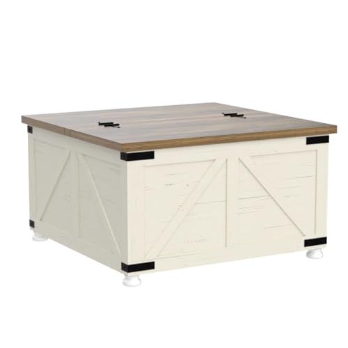 HOMCOM Farmhouse Coffee Table, Square Coffee Table with Storage for Living Room, Center Table with Hinged Flip Lift Top and Hidden Space, Antique White HOMCOM