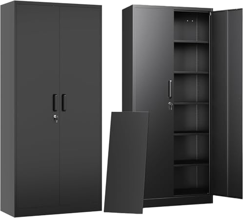 GUIZEEOPO Garage Storage Cabinet with Doors and Shelves, Metal Storage Cabinet with 5 Adjustable Shelves, Kitchen Pantry Cabinet, File Cabinets for Home Office, Filing Cabinet, 71'H, Matte Black GUIZEEOPO