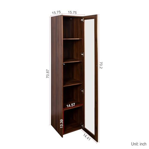 KWOJU 70.87" H Display Cabinet with Glass Doors and LED Lights,Walnut Bookcase with 5 Shelves, Curio Storage Cabinet for Kitchen, Dining Room,Bedroom KWOJU