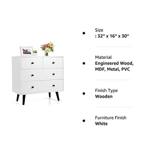 Tangkula 4 Drawer Storage Cabinet, Wood Chest of Drawers, Freestanding Floor Side Cabinet with Legs & Metal Handles, Modern Storage Drawer for Living Room (White) Tangkula