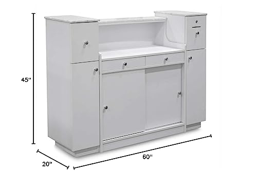 MAYAKOBA Sonoma Reception Desk with Glass Display Adjustable Shelves, Side Cabinets, Office Restaurant Beauty Salon Furniture, Luxe White/Silver Accents MAYAKOBA