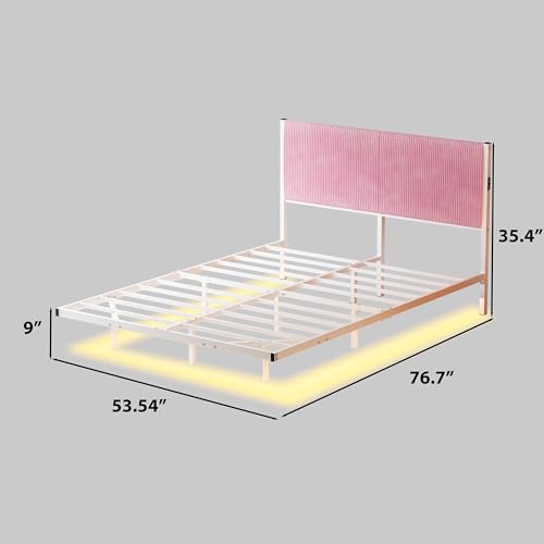 ARFARLY Floating Full Size Bed Frame with Headboard and LED Lights Upholstered Metal Platform Bed Frame Full with Charging Station No Box Spring Needed Easy to Assemble Pink ARFARLY