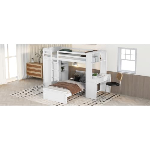 Harper & Bright Designs Twin Over Twin Bunk Bed with Desk, Drawers and Wardrobe, Wooden Loft with Stand-Alone Bed and Shelves for Kids Teens, White Harper & Bright Designs