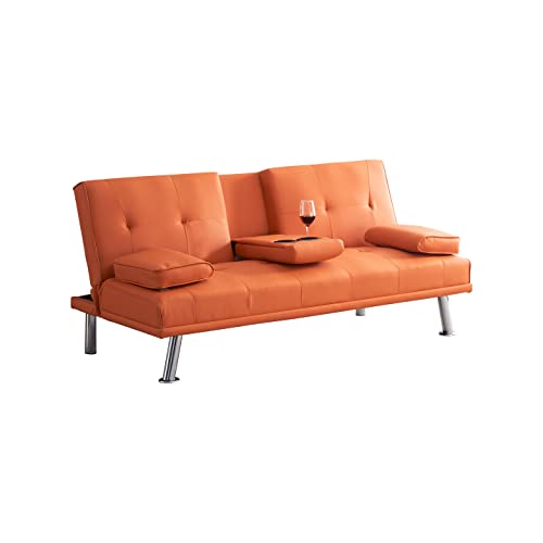 KEIKI 67" Leather Folding Futon Sofa w/Cup Holder & Adjustable Backrest, Mid Century Modern Couch Loveseat Convertible to Sleeper Bed, Comfy Cloud Couch SofaBed for Living Room & Bedroom, Orange KEIKI