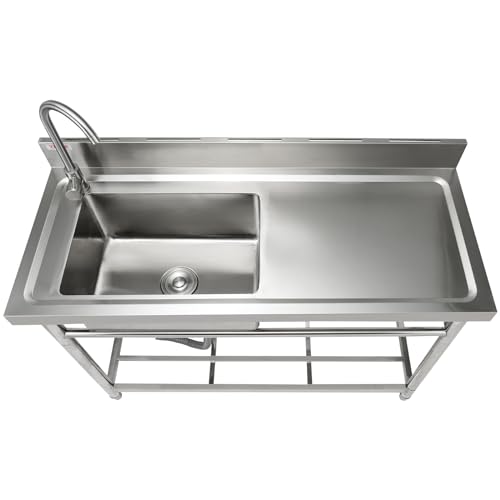 VEVOR Stainless Steel Utility Sink, Free Standing Single Bowl Commercial Kitchen Sink Set w/Workbench, 47 x 19.7 x 37.4 in Commercial Single Bowl Sinks for Garage, Restaurant, Laundry, NSF Certified VEVOR