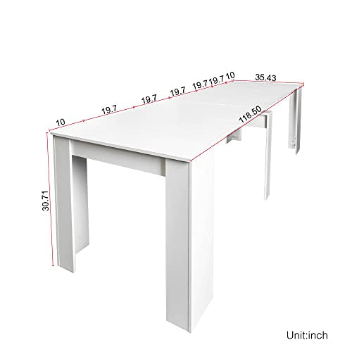 20"-118" Extendable Dining Room Table Console Table, Modern Large Dining Table for 2-14 People, White Wood Extendable Kitchen Console Table with Wood Legs for Entryway Henf