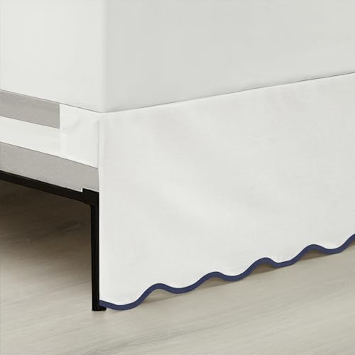 Lush Decor Coastal Chic Scalloped Edge Linen-Textured Bed Skirt Single, King Navy & White - White Bed Skirt King Size - Coastal Decor - Wrap Around Bed Skirt Lush Decor