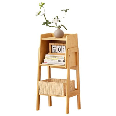 Welnow Natural Modern End Table, Bamboo Nightstand with 1 Tier Storage Space Open Shelf Side Table Cabinet Bedside Table Practical Sofa Side Table for Bedroom, Living Room,Small