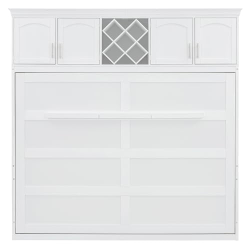 Merax Queen Size Murphy Wall Bed, with Top Cabinets & Wine Rack Space-Saving Foldable Ideal for Guest Rooms, Home Offices, Small Apartments, White Merax