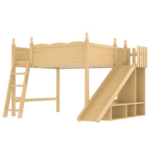 Bellemave Queen Size Kids Loft Bed with Storage Shelves & Cabinet, Solid Wood Loft Bed Frame with Detachable Slide & Ladders for Girls Boys (Natural/Queen) Bellemave