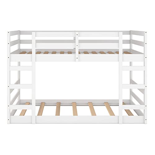 Ball & Cast Full Over Full Bunk Bed with Double Ladder and Full-Length Guardrail,Low Floor Bunkbed w/Slat Support,Bedroom Furniture for Girls Boys,White Ball & Cast