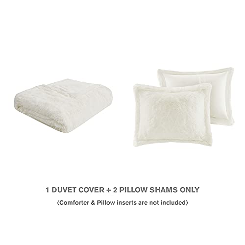 Intelligent Design Malea Shaggy Duvet with Quilted Box Design, Long Faux Fur Comforter Cover Cozy Bedding Set, Matching Shams, (Insert Not Included) Full/Queen, Ivory 3 Piece, 90x90 Intelligent Design