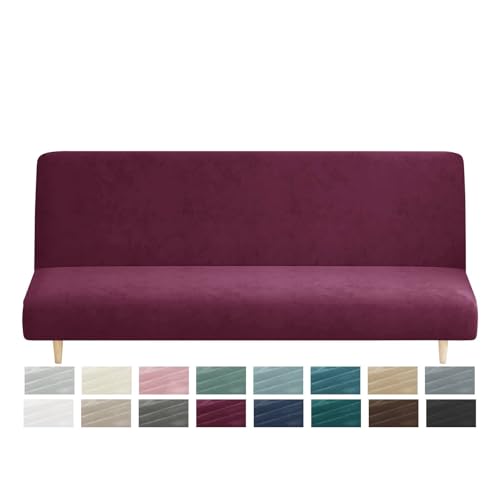 MAXIJIN Velvet Futon Cover Full Size Stretch Futon Mattress Cover Thick Soft Armless Sofa Bed Slipcover Plush Couch Furniture Protector with Elastic Bottom, Machine Washable (Wine Red) MAXIJIN