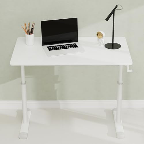 Penau Adjustable Height Standing Desk, Manual Crank Sit Stand Computer Desk, Minimalist White Engineered Wood Top, White Iron Double Column Frame, 39.37 x 23.62 x 35.43 Inchs Penau