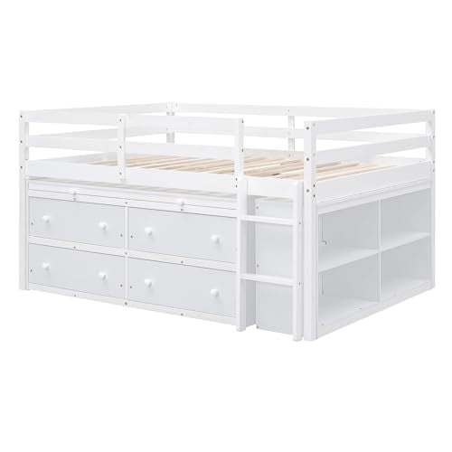 Low Loft Bed with Desk and Storage, Full Size Kids Loft Bed Frame with 4 Drawers and Rolling Portable Desk for Children and Teens, Boys, Girls, White Bellemave