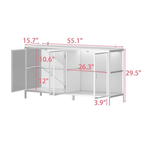 FUNISIR Buffet Cabinet with Storage & LED Light, 55.1" Large Kitchen Sideboard with 4 Glass Doors, Modern Coffee Bar with Metal Frame, Console Table for Living Room, Dining Room, White FUNISIR