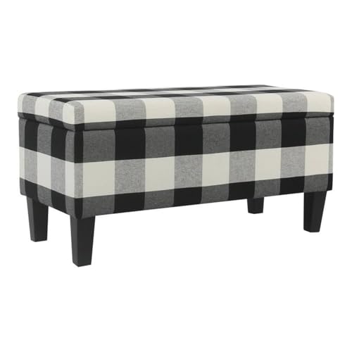 HomePop Large Upholstered Rectangular Storage Ottoman Bench with Hinged Lid, Black Buffalo Plaid HomePop