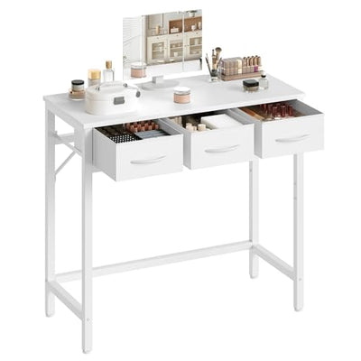 YATINEY Makeup Vanity Desk with Mirror and Lights, Vanity Table with 3 Fabric Drawers Storage Desk for Bedroom, Make Up Dressing Table with Folding Mirror, for Small Spaces, White