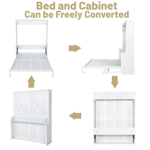 MoproBeti Wood Murphy Bed Queen Size, Space-Saving Hidden Foldable Wall Bed with Storage Shelf and Gas Struts for Bedroom,Guest Room,Home Office, Gym,No Box Spring Needed, White MoproBeti