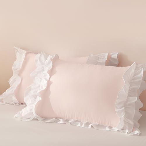 CCoutueChen Ruffle Duvet Cover Queen 3Pcs Blush Pink Shabby Chic Farmhouse Bedding Set Girls 100% Washed Microfiber Duvet Cover Set Boho Vintage Ruffled Bedding with 2 Pillowcases(No Comforter) CCoutueChen