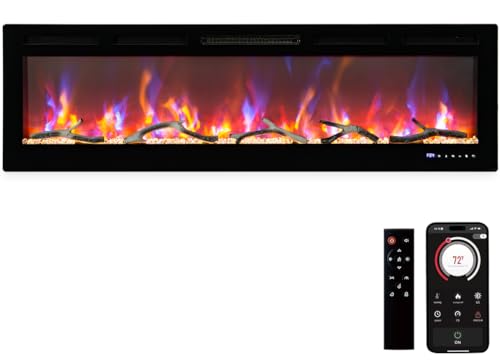 60" Smart WiFi Electric Fireplace, Smart Electric Fireplace,750/1500W Infrared Heater,Recessed/Wall Mount Linear Fireplace with Adjustable Flame & Remote PeacefulHues