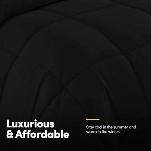 Sweet Home Collection 7 Piece Comforter Set Bag Solid Color All Season Soft Down Alternative Blanket & Luxurious Microfiber Bed Sheets, Black, Queen Sweet Home Collection