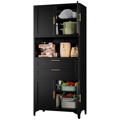 FogQueen 75" Tall Metal Storage Cabinet,Pantry Storage Cabinet with 2 Drawers and Open Space,Kitchen Cupboard with Adjustable Shelves,Multi-Functional Cabinet for Living Room,Bathroom,Garage (Black) FogQueen