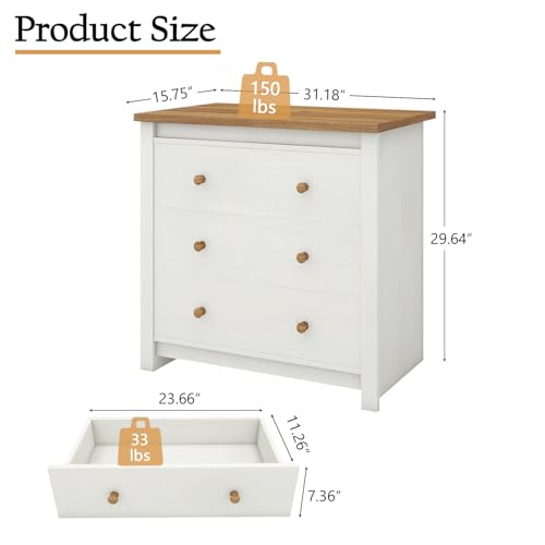 Vikiullf Farmhouse 3 Drawer Dresser for Bedroom, Tall Modern Chest of Drawers, Wood Oak Storage Chest for Bedroom, Hallway, Living Room Closet Dressers Chest, Tall Nightstand, Off White (1) Vikiullf